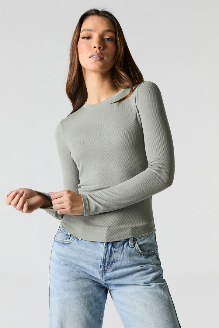 Ribbed Curved Hem Long Sleeve Top