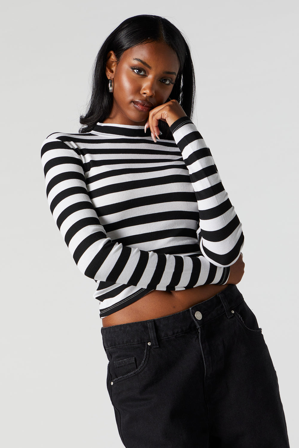Striped Ribbed Mock Neck Long Sleeve Top Striped Ribbed Mock Neck Long Sleeve Top 1