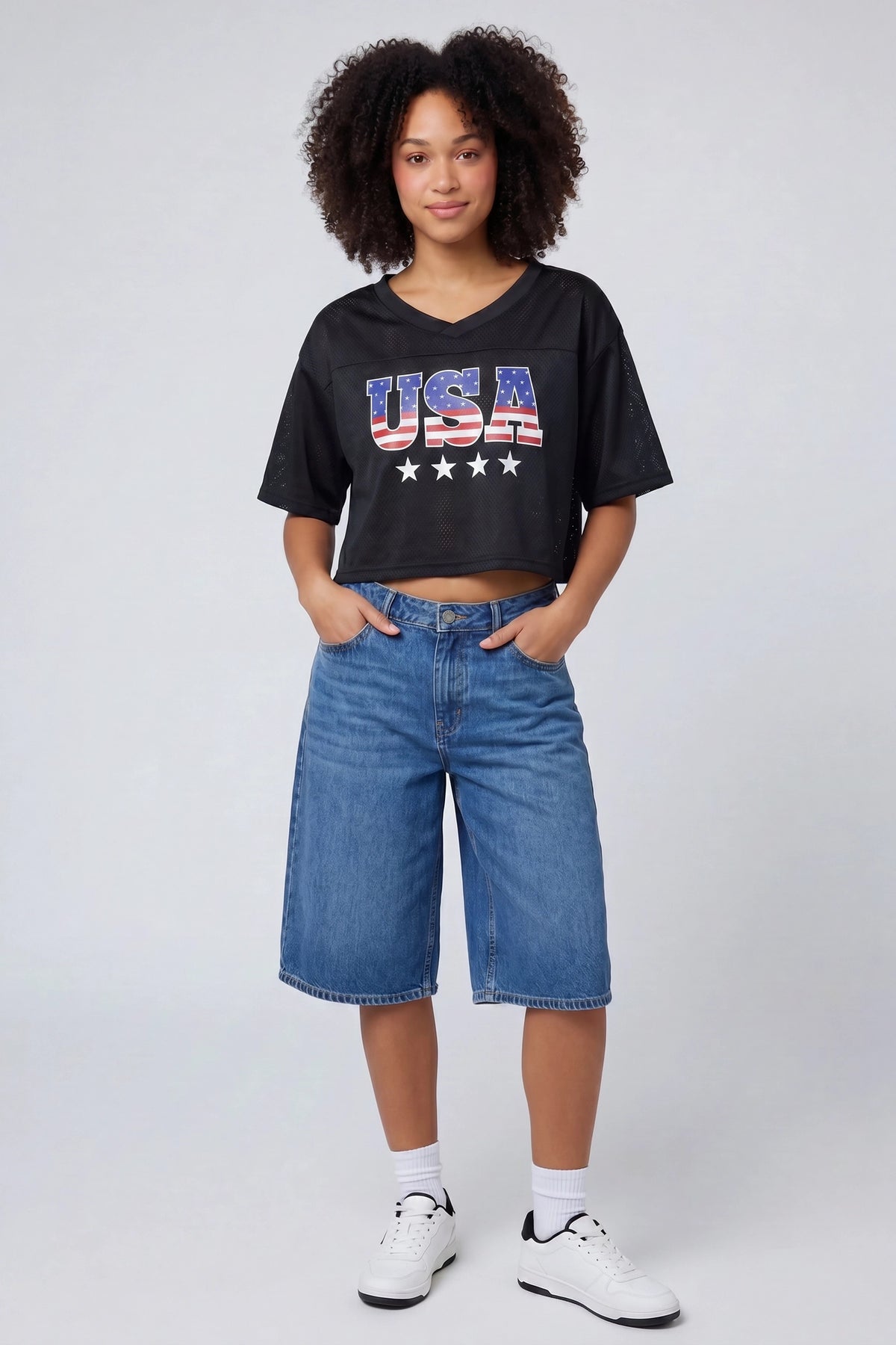 Alt View 3. USA Graphic Mesh Cropped Jersey - Black