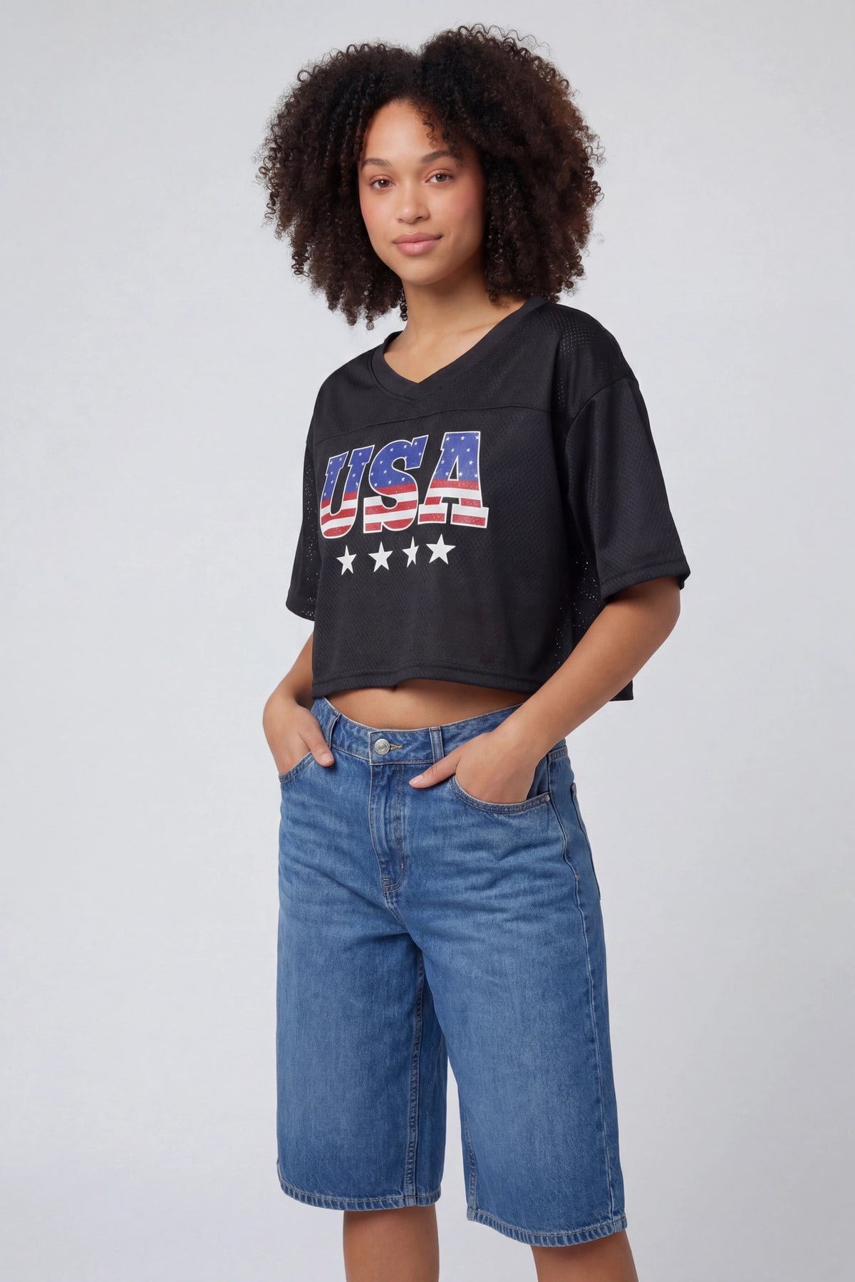 USA Graphic Mesh Cropped Jersey - Black