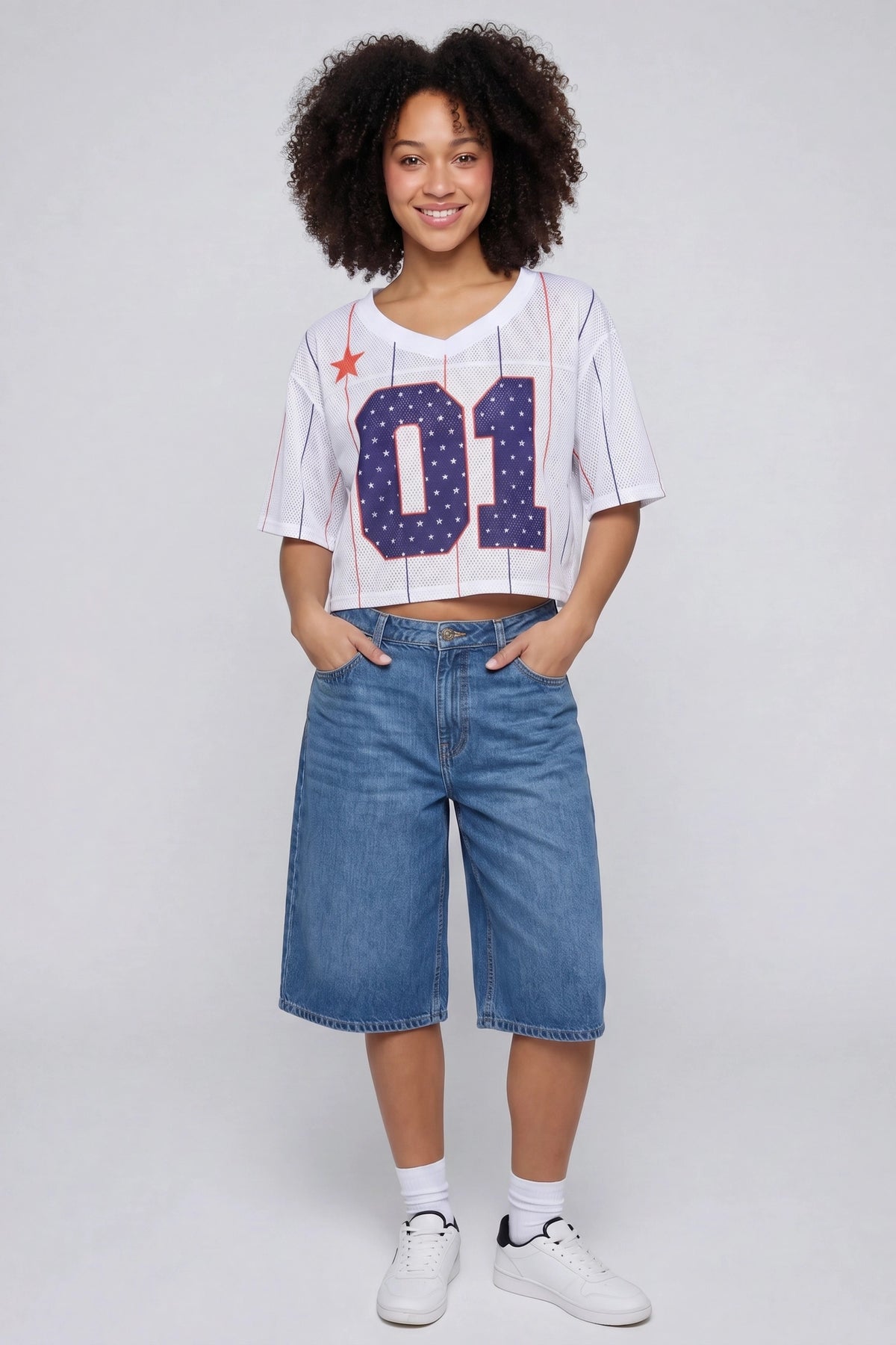 Alt View 3. USA Graphic Mesh Cropped Jersey - White