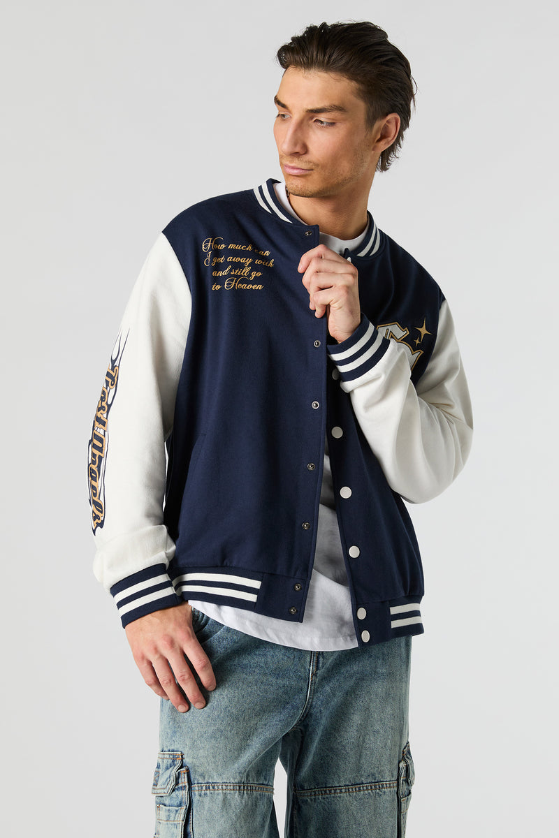 Embroidered Graphic Fleece Varsity Jacket