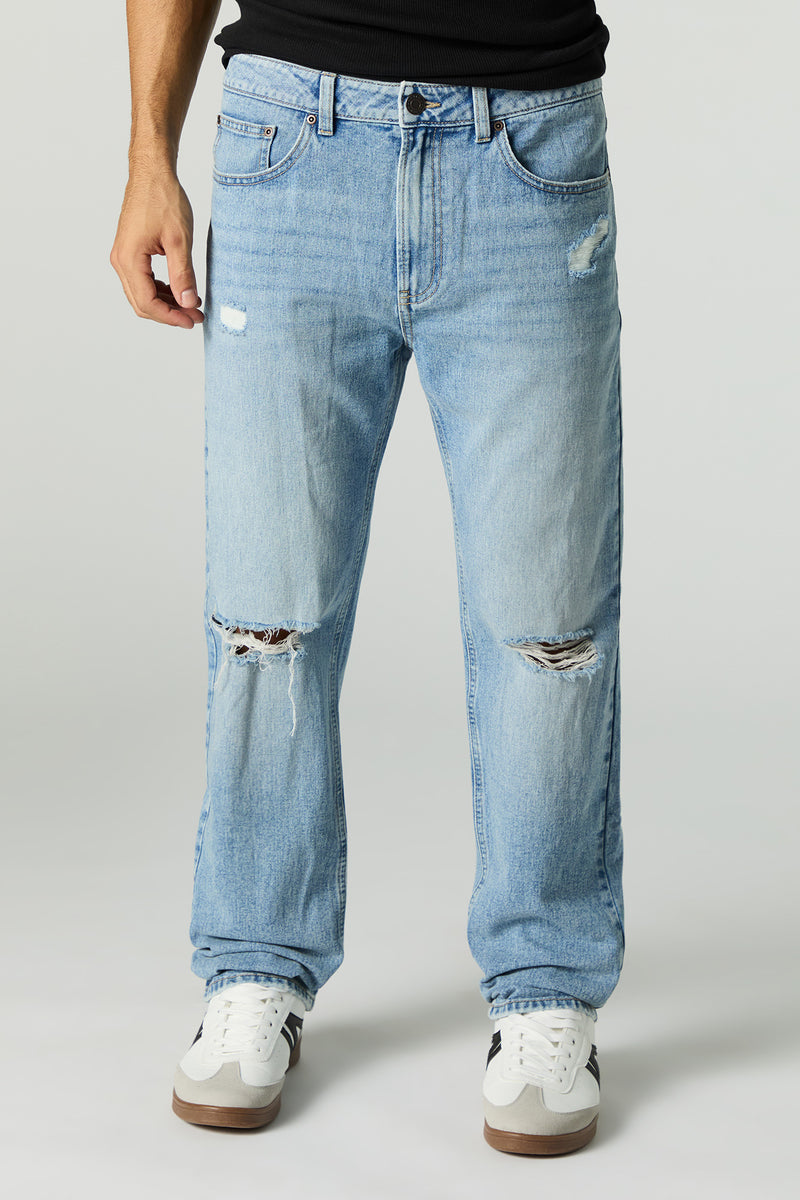 Medium Wash Distressed Straight Leg Jean