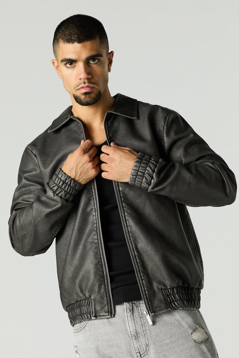 Faux Leather Collared Bomber Jacket