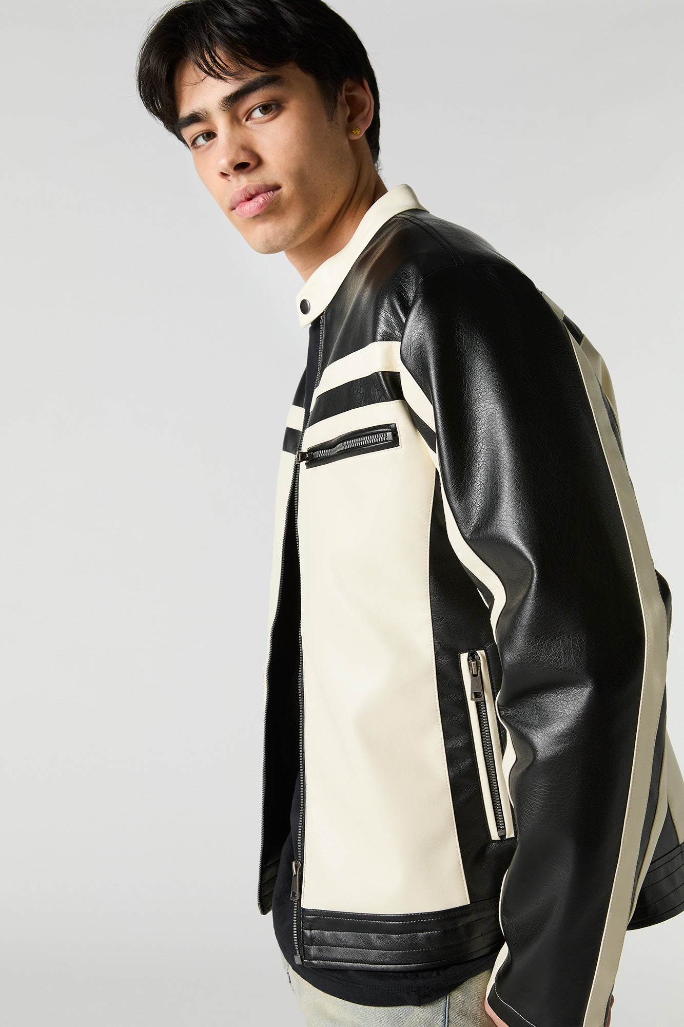 Faux Leather Colourblock Moto Jacket