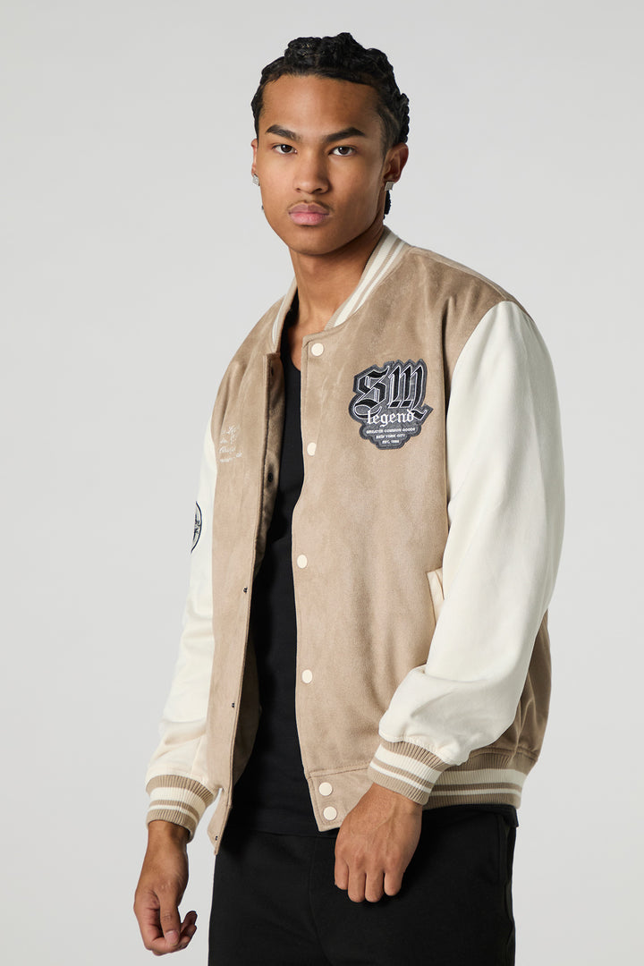 Faux Suede Embroidered Varsity Jacket