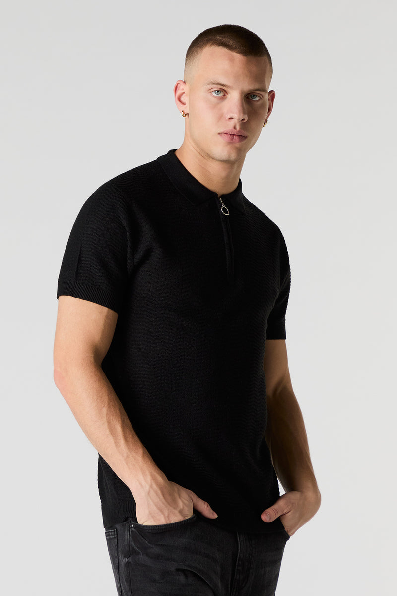 Textured Knit Zipper Polo Top