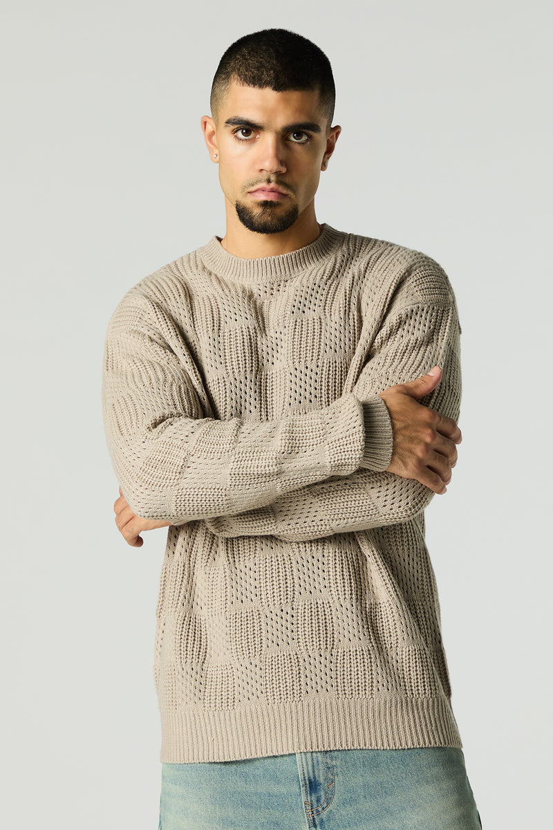 Textured Open Knit Crewneck Sweater