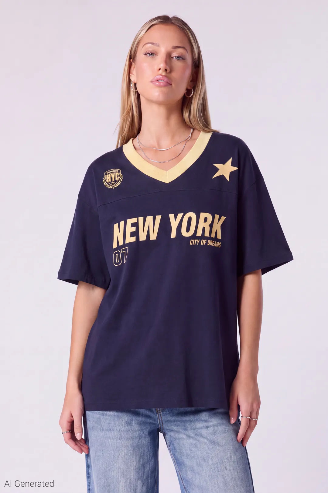 Graphic V-Neck Jersey T-Shirt - Navy