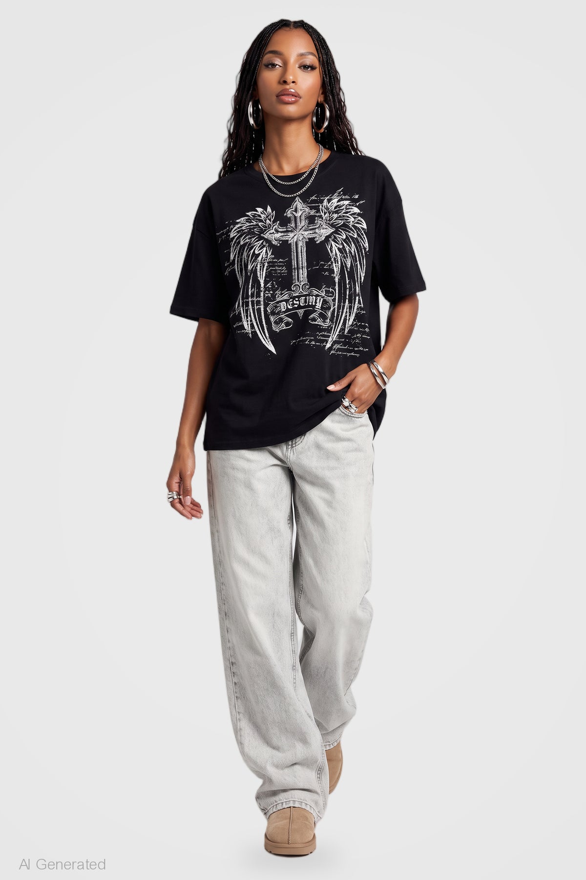 Alt View 3. Rhinestone Graphic Boyfriend T-Shirt - Black
