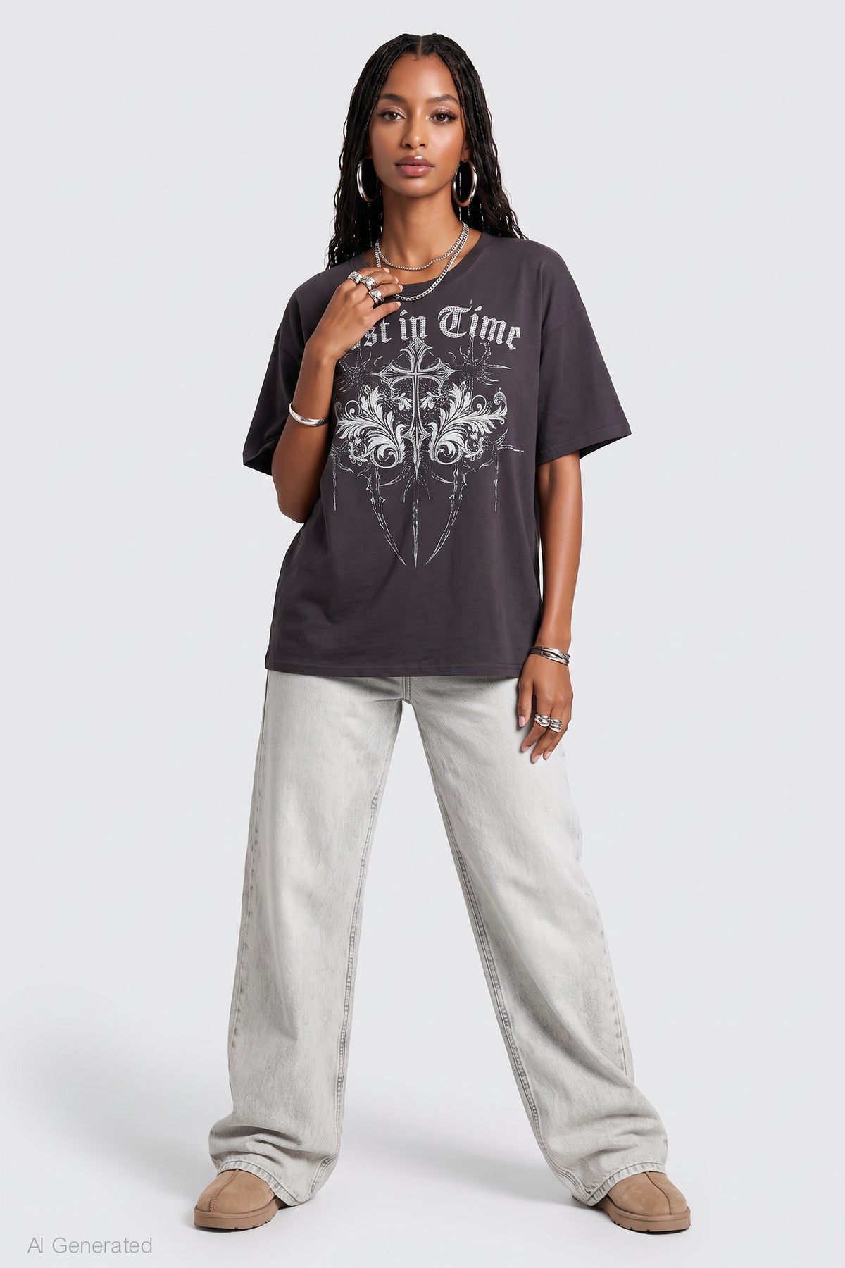 Alt View 3. Rhinestone Graphic Boyfriend T-Shirt - Light Grey