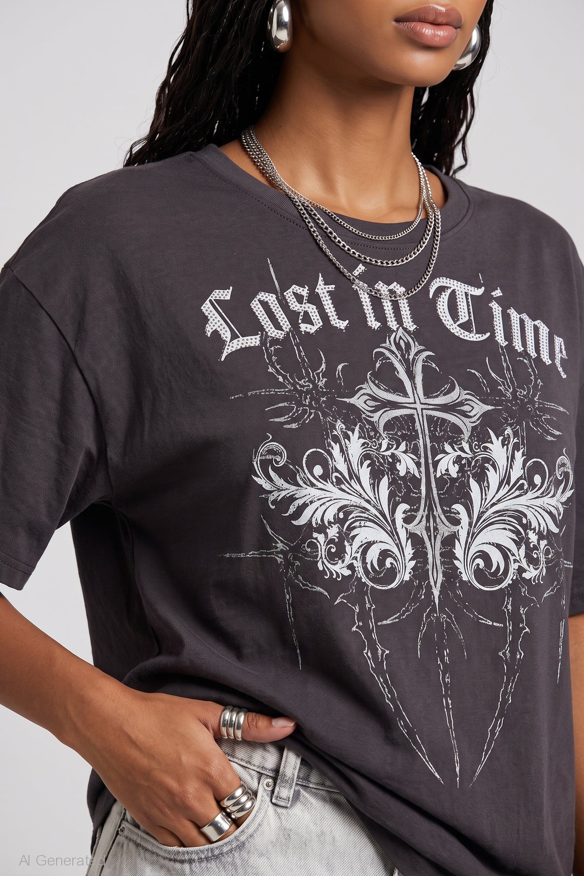 Alt View 4. Rhinestone Graphic Boyfriend T-Shirt - Light Grey
