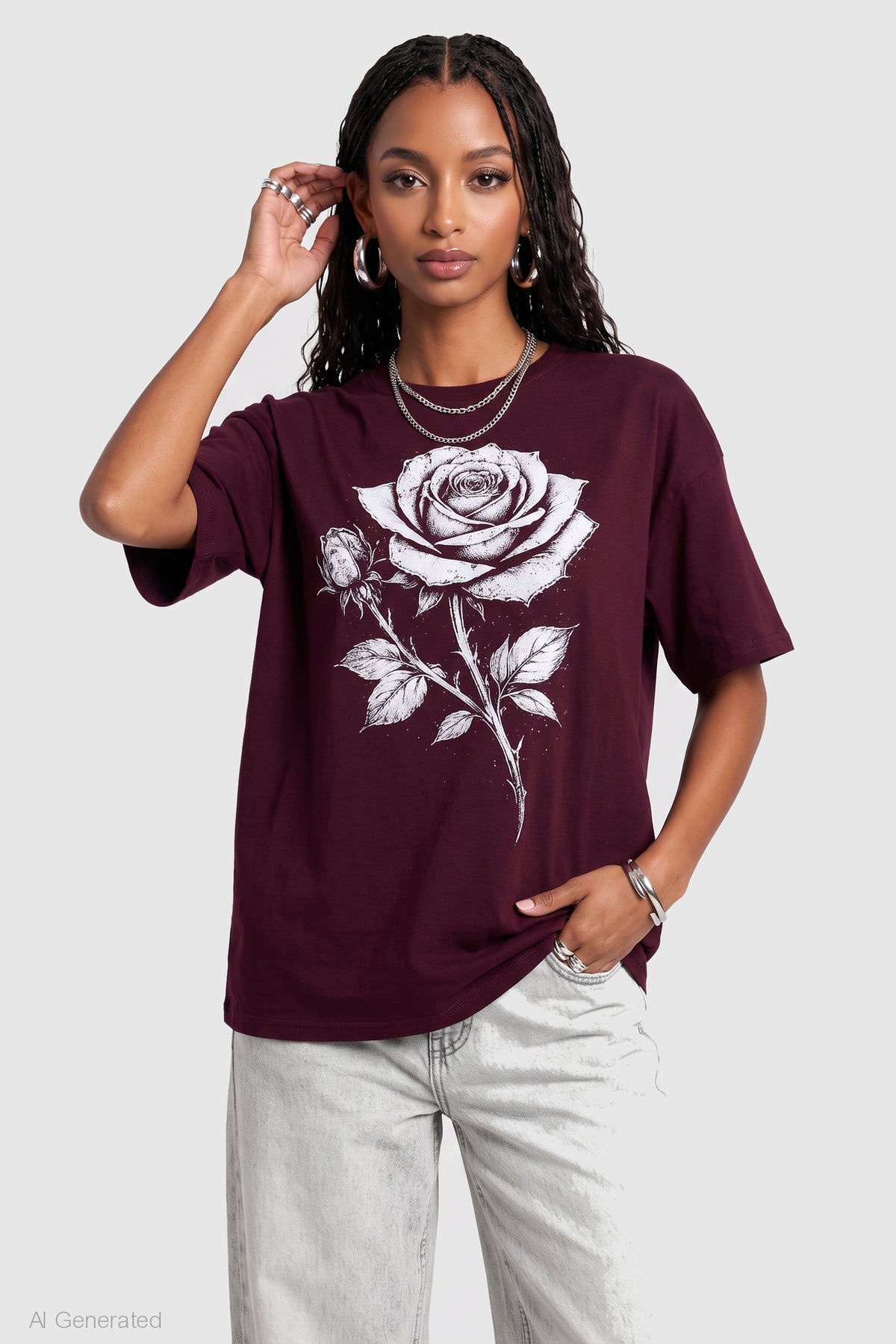 Rhinestone Graphic Boyfriend T-Shirt - Burgundy