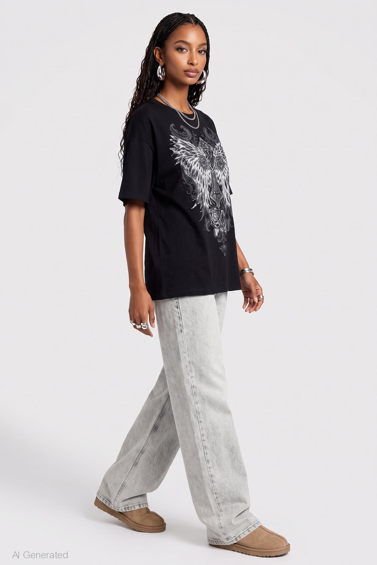 Alt View 3. Rhinestone Graphic Boyfriend T-Shirt - Black with White