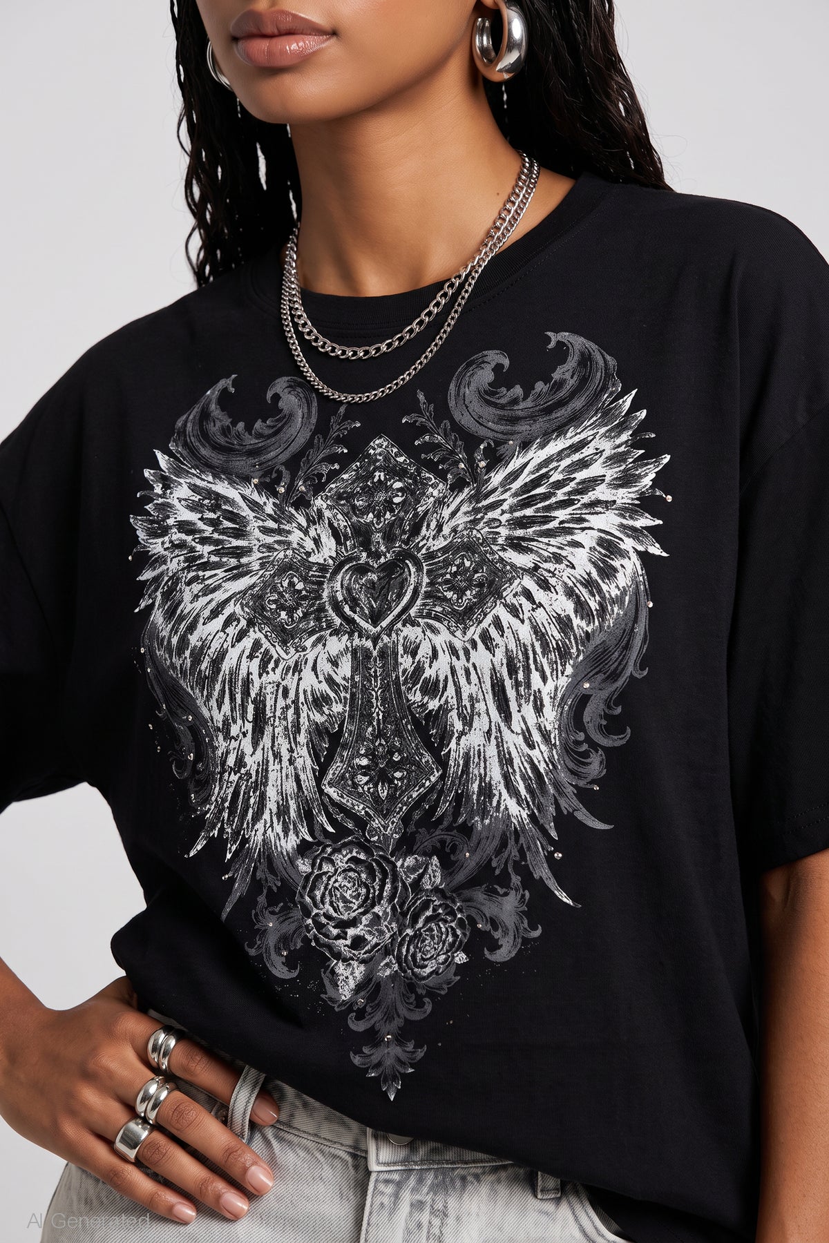 Alt View 4. Rhinestone Graphic Boyfriend T-Shirt - Black with White