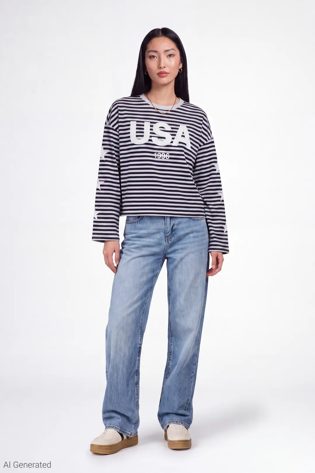 Alt View 2. Graphic Striped Long Sleeve Top - Dark Grey