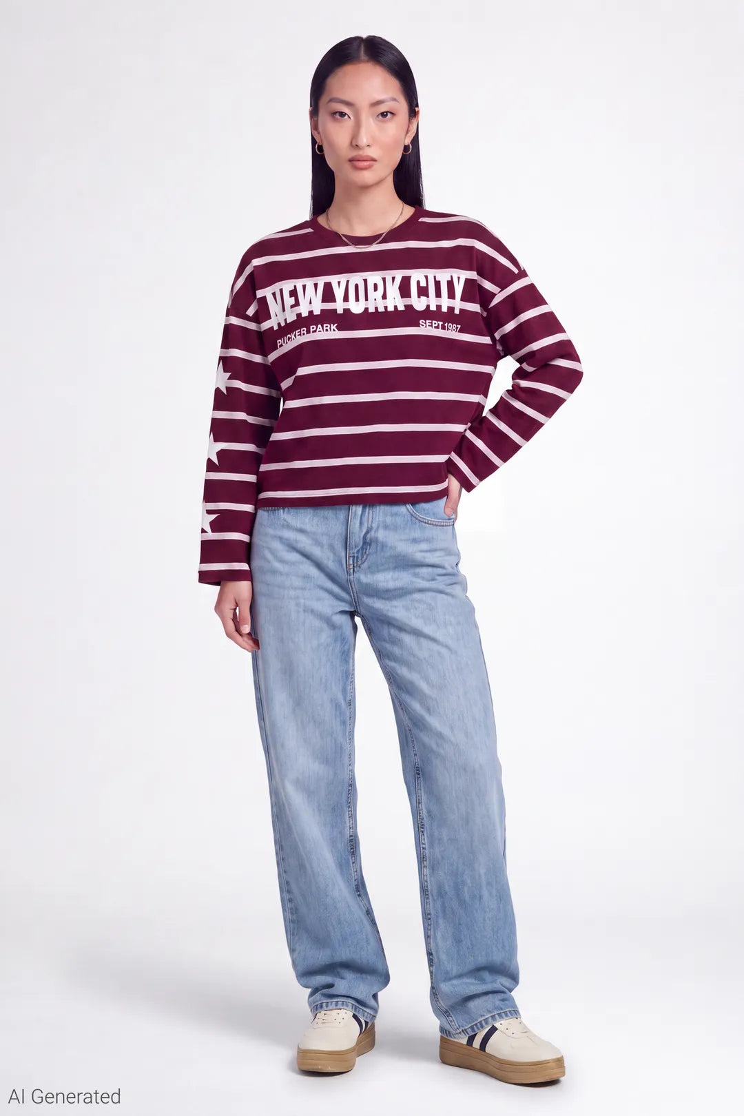 Alt View 2. Graphic Striped Long Sleeve Top - Dark Red