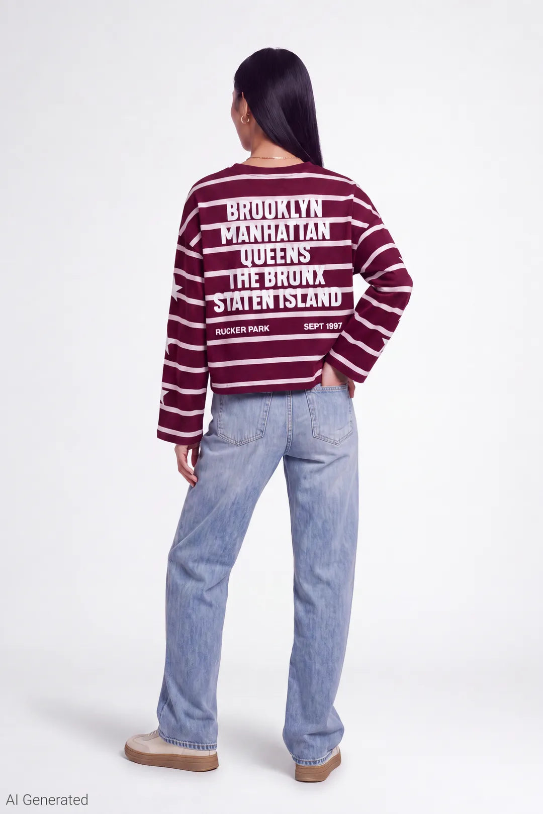 Alt View 3. Graphic Striped Long Sleeve Top - Dark Red