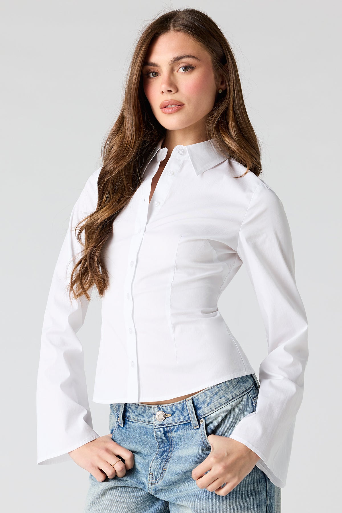 Fitted Bell Sleeve Button-Up Top - White