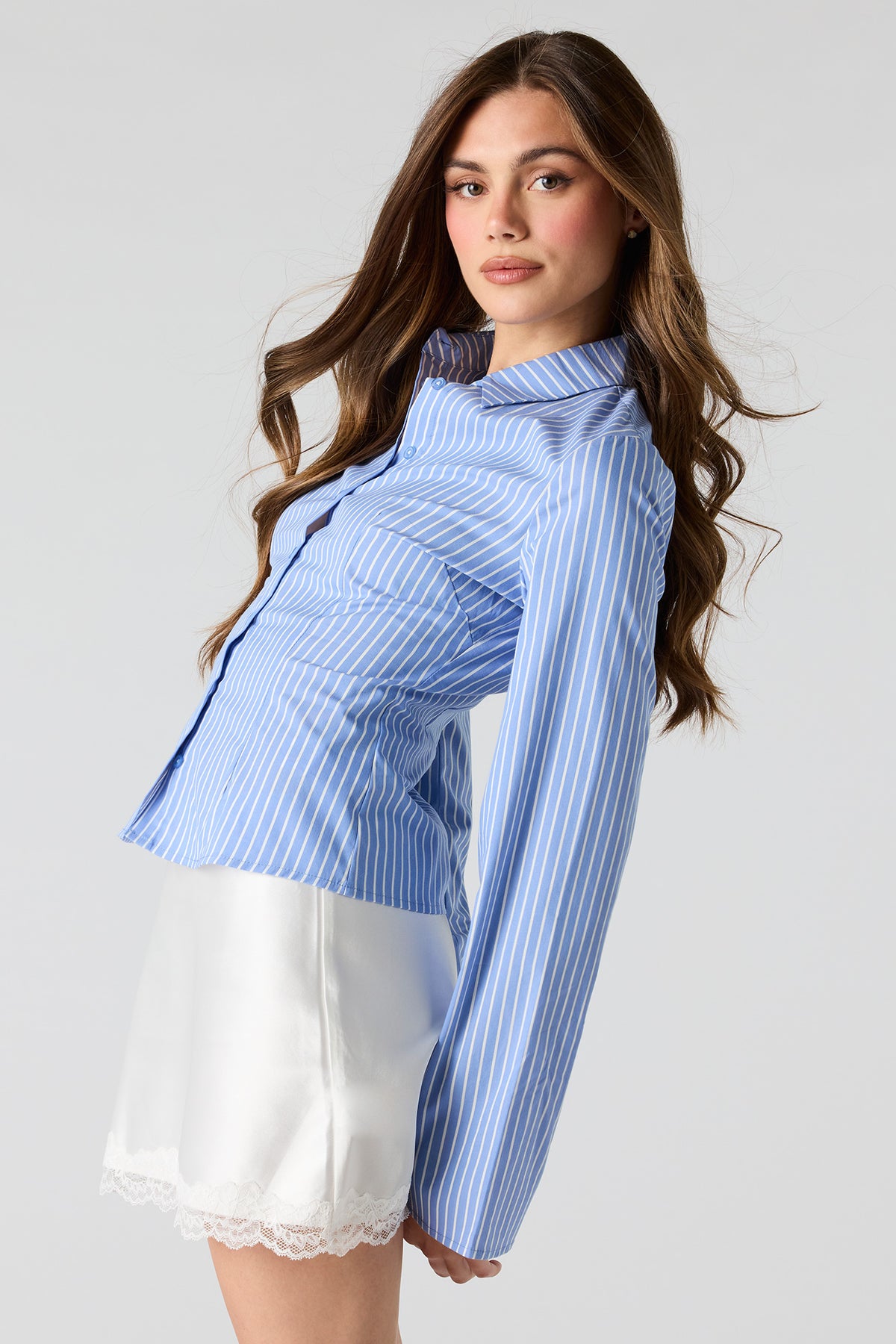 Alt View 4. Fitted Bell Sleeve Button-Up Top - Light Blue