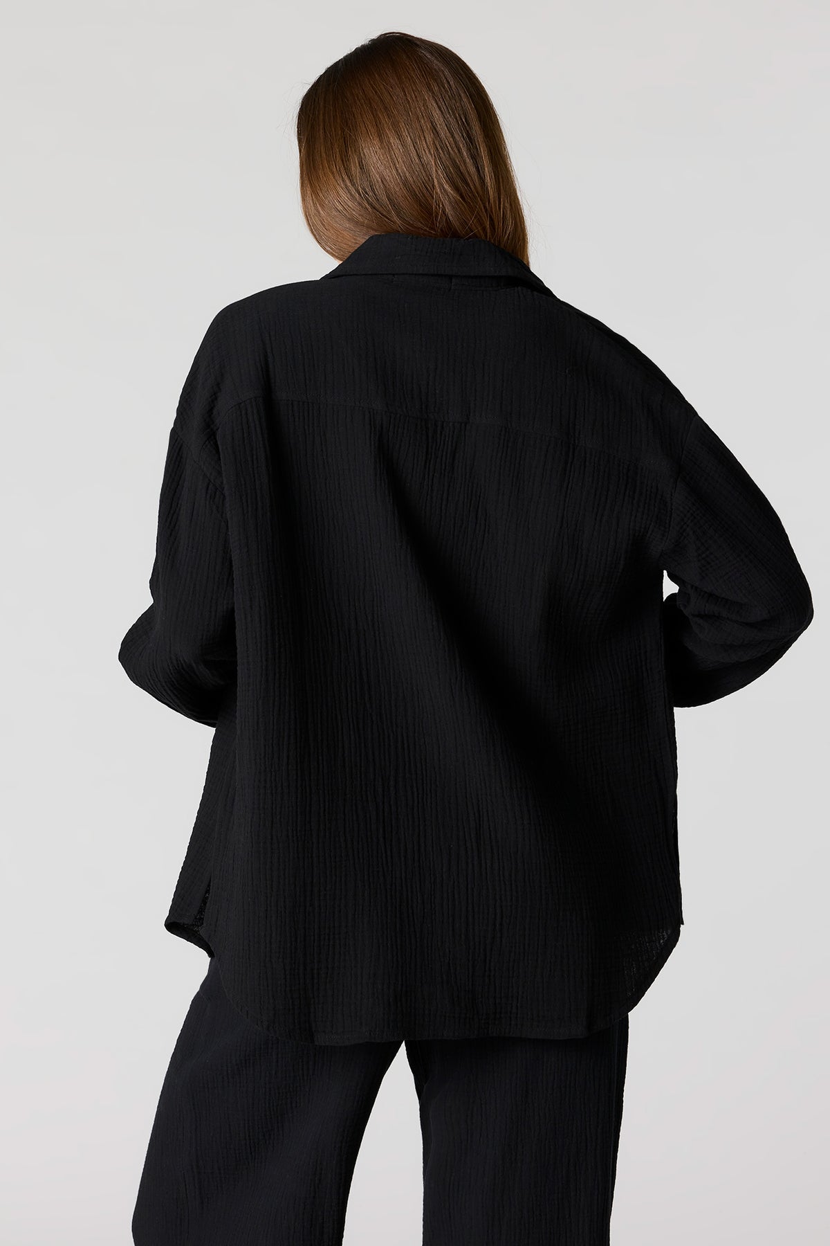 Alt View 2. Textured Oversized Button-Up Top - Black