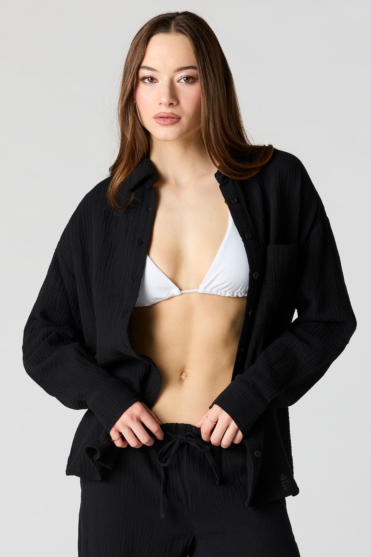 Textured Oversized Button-Up Top - Black