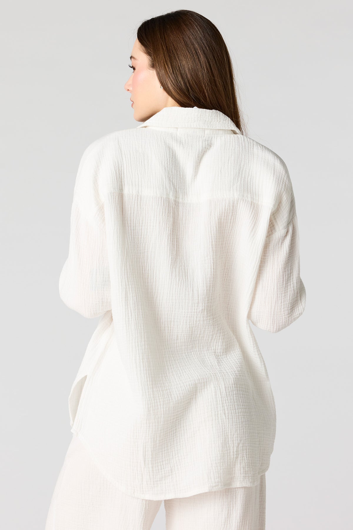 Alt View 2. Textured Oversized Button-Up Top - White
