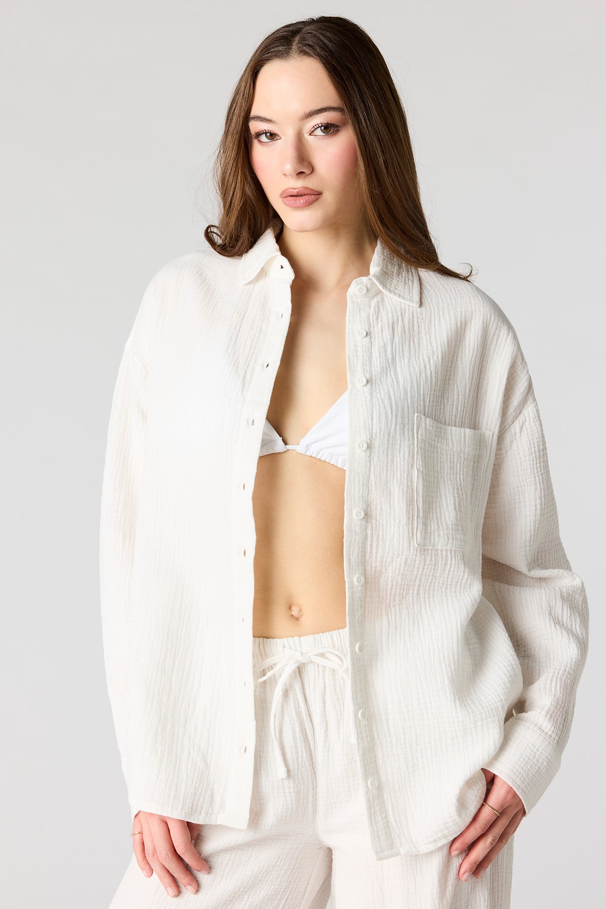 Textured Oversized Button-Up Top - White