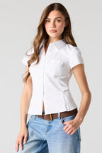 Fitted Short Sleeve Button-Up Top