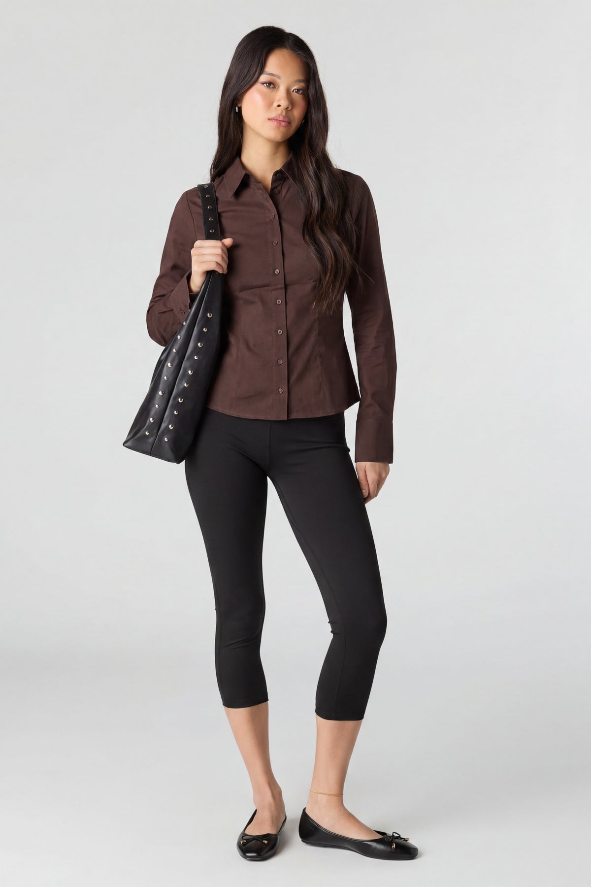 Alt View 3. Slim Fit Button-Up Top - Brown