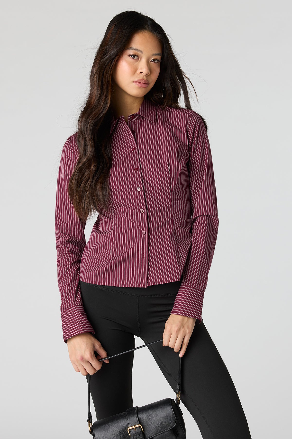 Slim Fit Button-Up Top - Burgundy