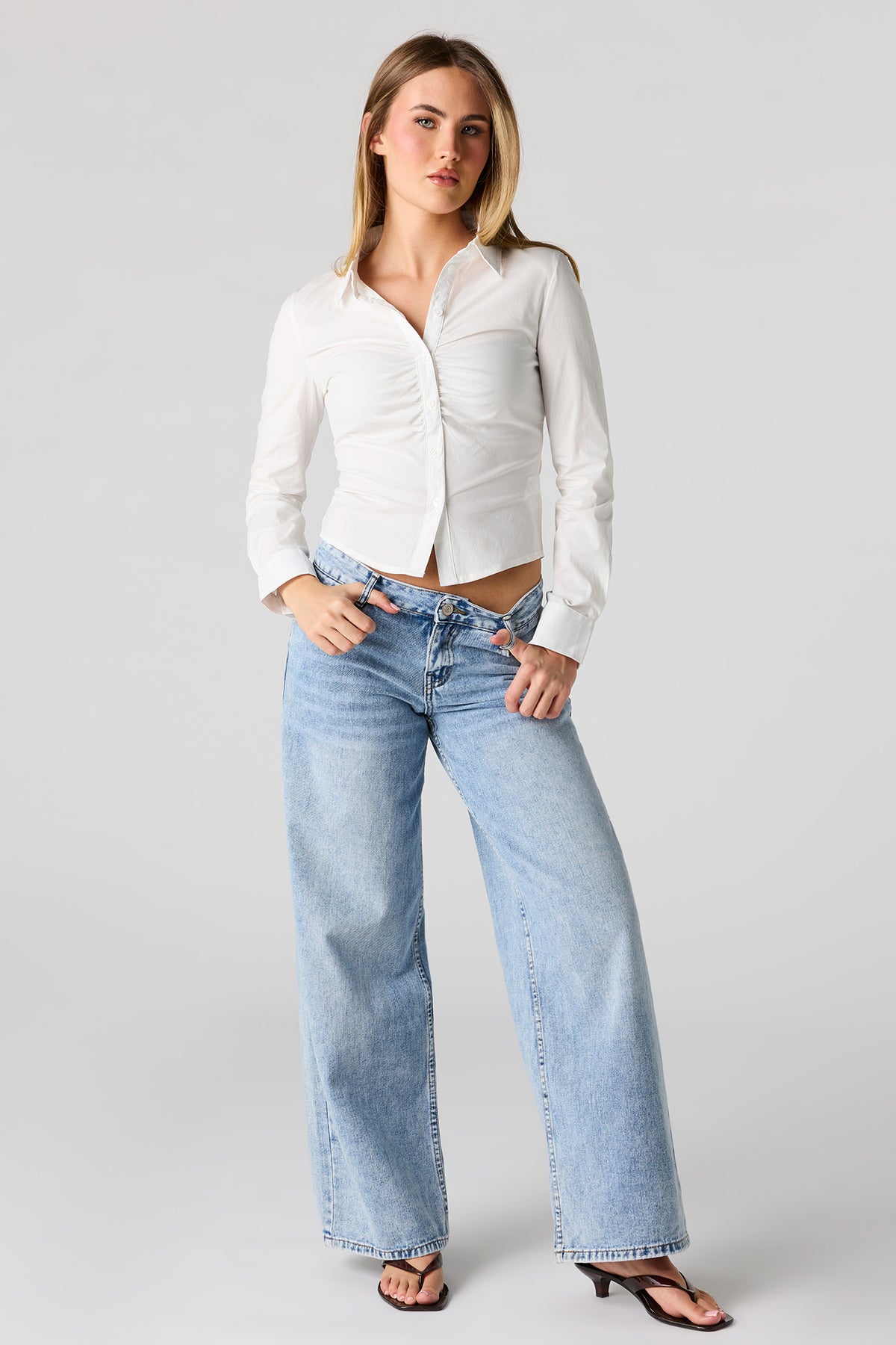 Alt View 3. Long Sleeve Cinched Button-Up Top - White
