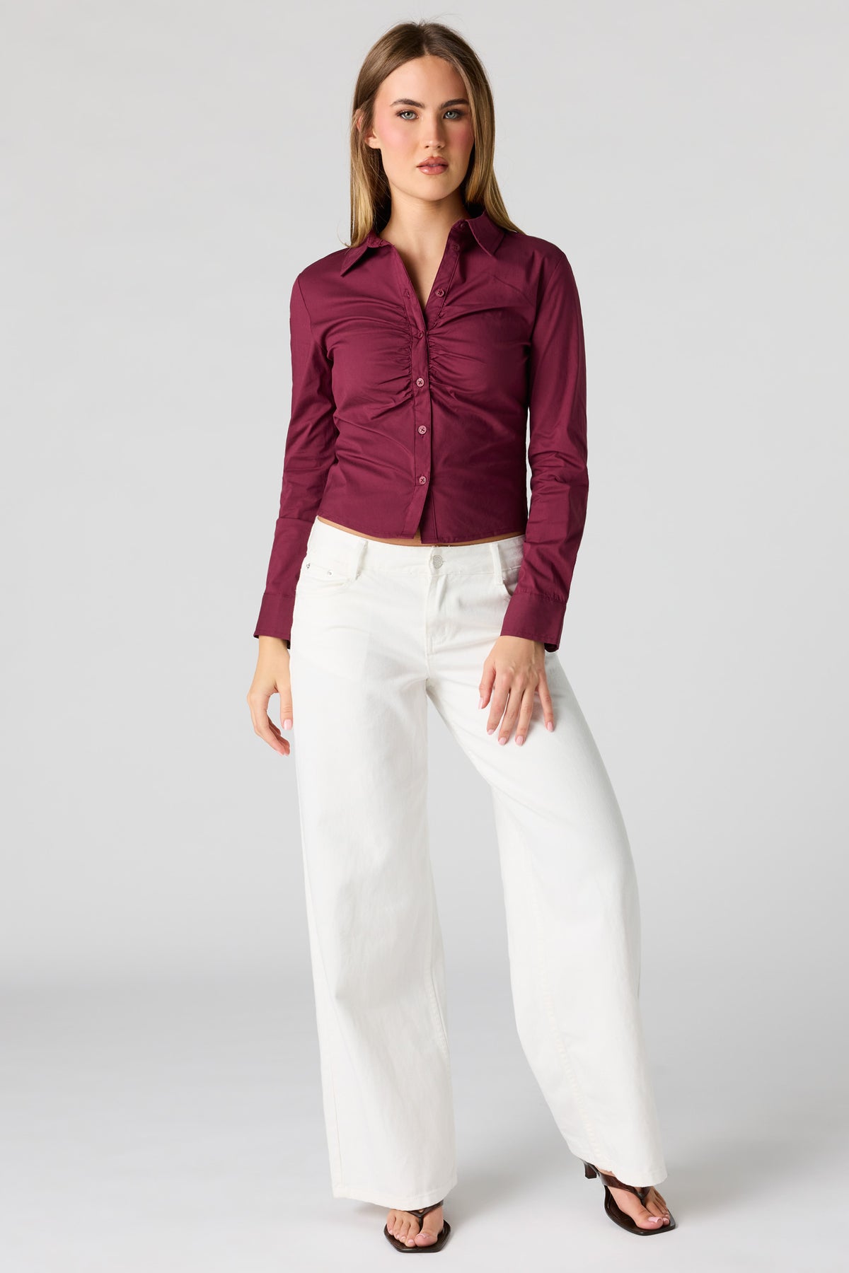 Alt View 3. Long Sleeve Cinched Button-Up Top - Burgundy