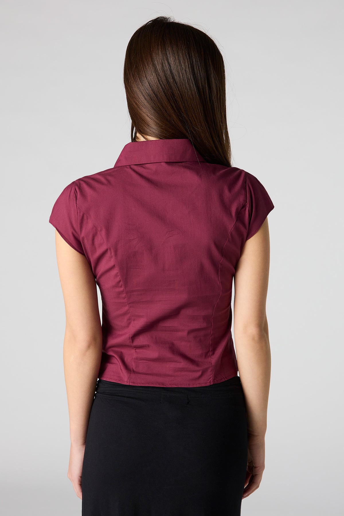 Alt View 2. Button-Up Fitted Collared Top - Burgundy