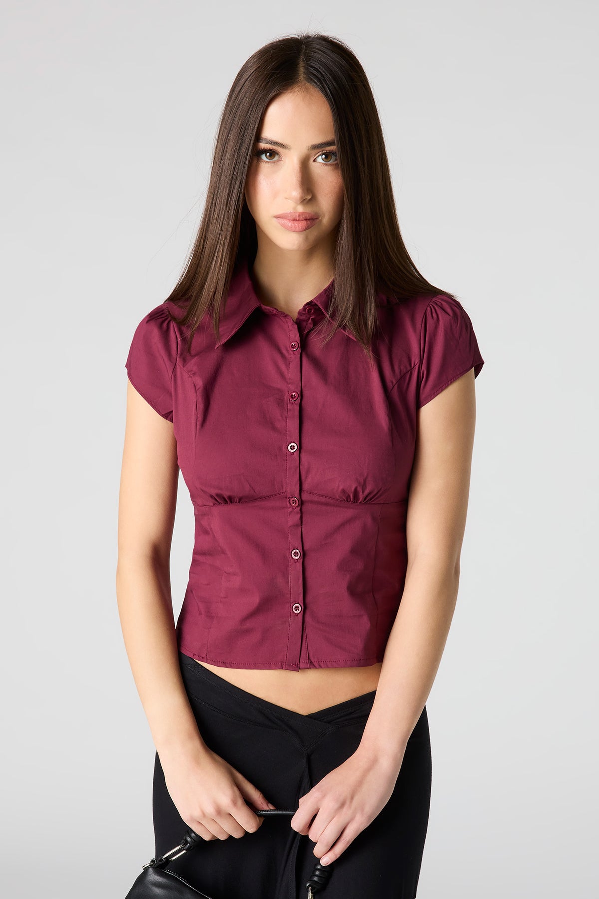 Button-Up Fitted Collared Top - Burgundy