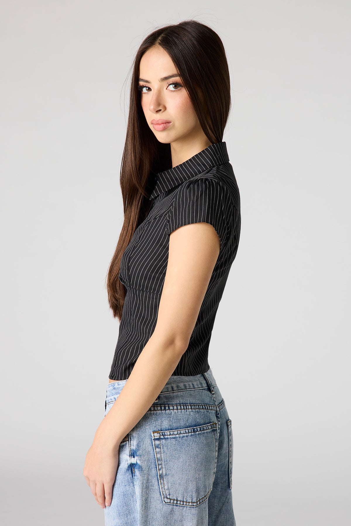 Alt View 2. Button-Up Fitted Collared Top - Black with White