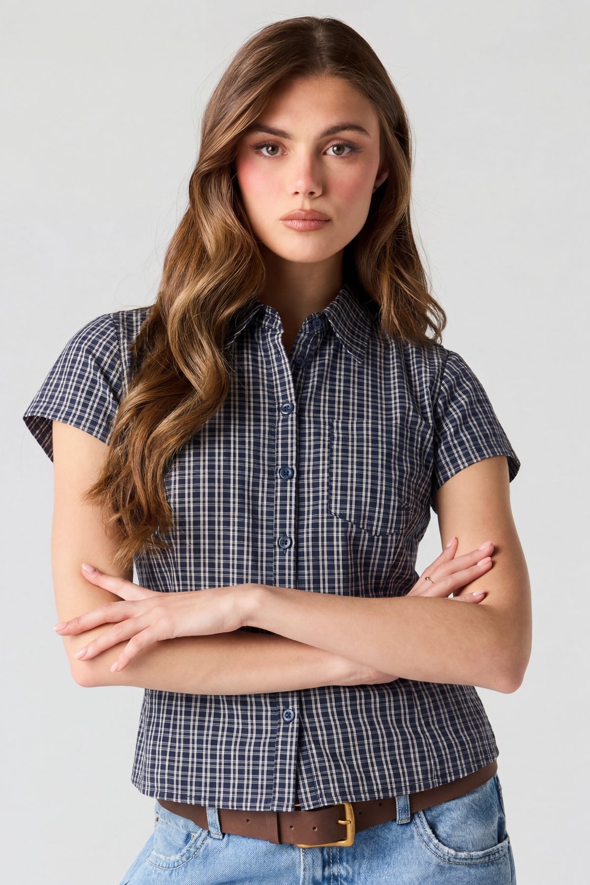 Fitted Short Sleeve Button-Up Top - Navy