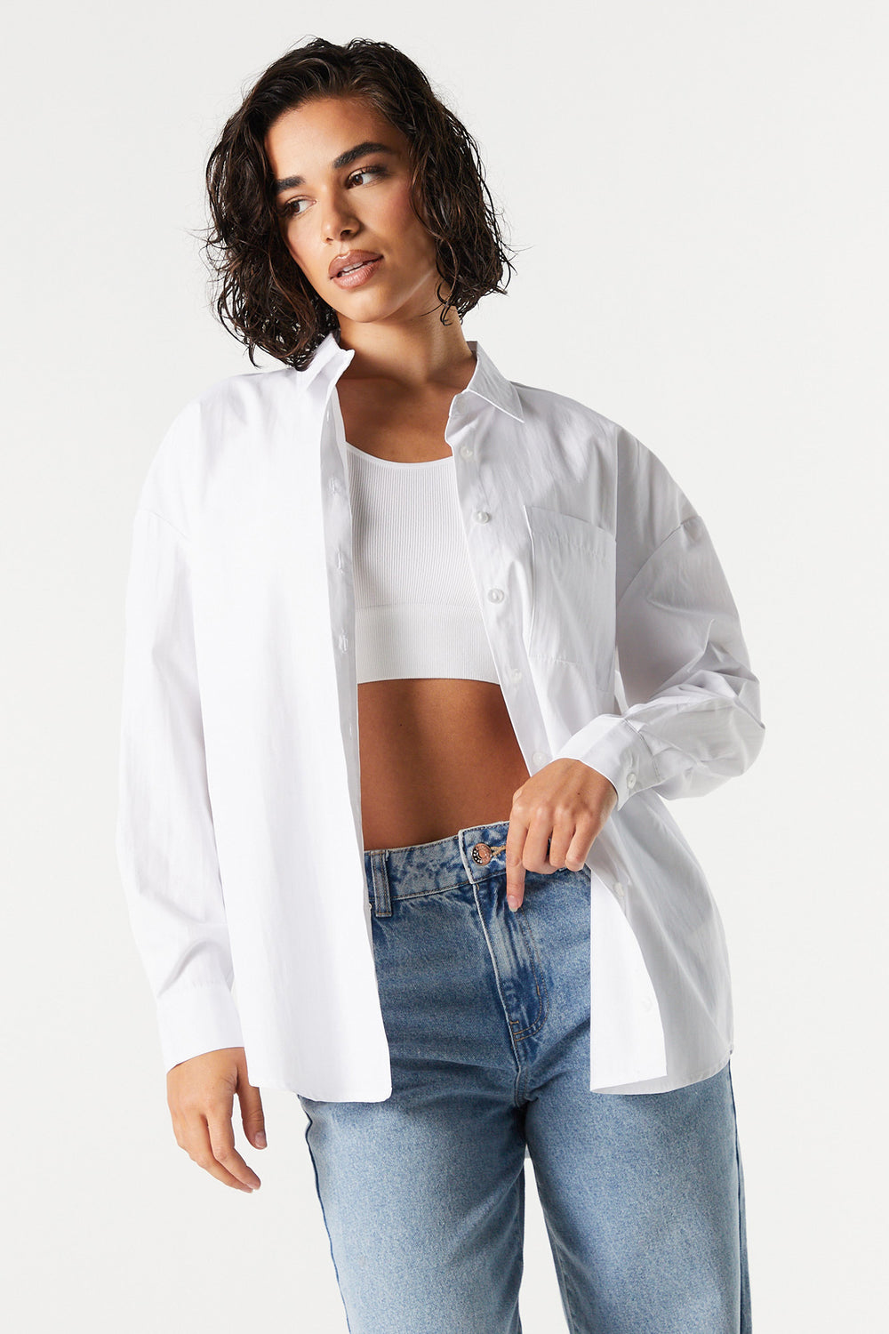 Oversized Poplin Button-Up Top White 4