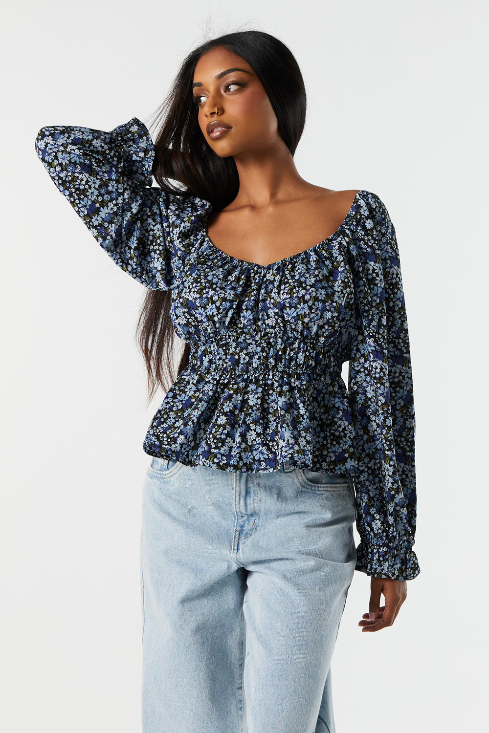 Blue Floral Elastic Waist Long Sleeve Top Blue Floral Elastic Waist Long Sleeve Top 1