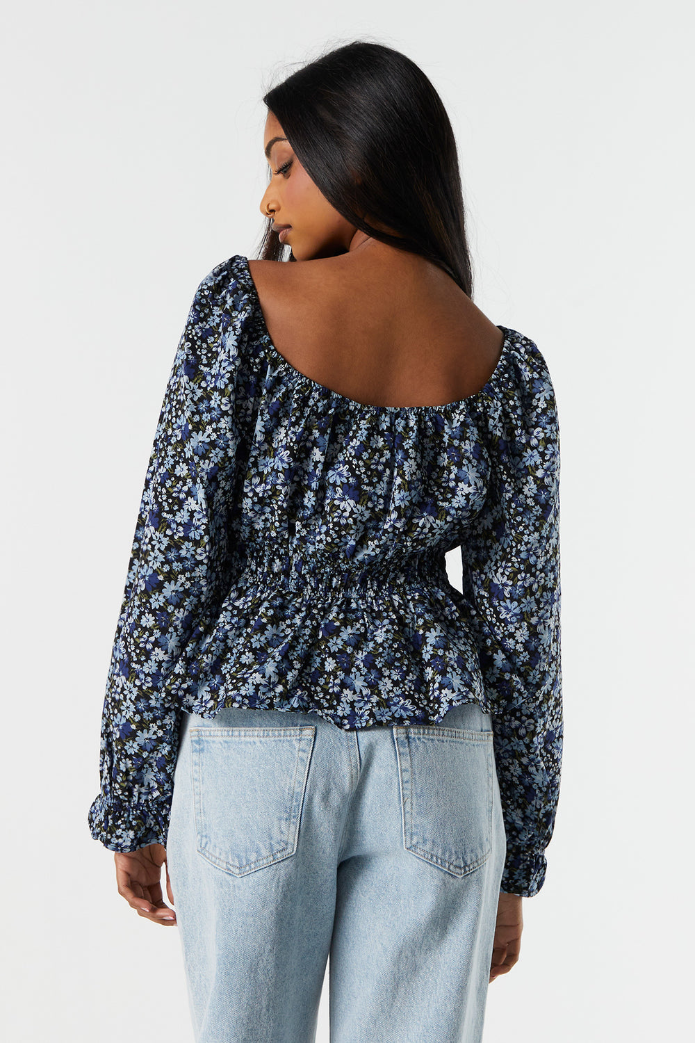 Blue Floral Elastic Waist Long Sleeve Top Blue Floral Elastic Waist Long Sleeve Top 2