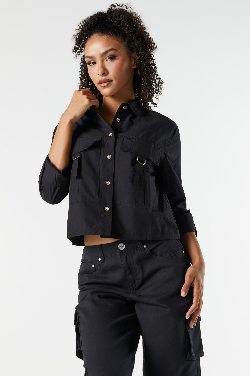 Oversized Poplin D-Ring Button-Up Top Oversized Poplin D-Ring Button-Up Top 1