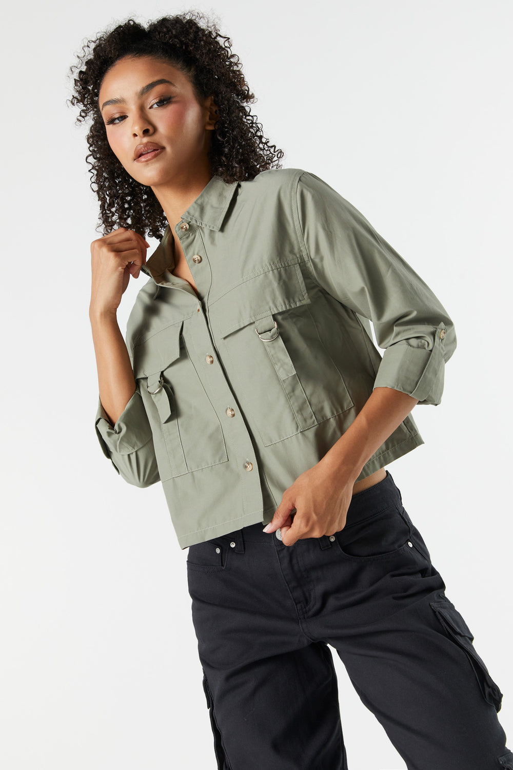 Oversized Poplin D-Ring Button-Up Top Oversized Poplin D-Ring Button-Up Top 4