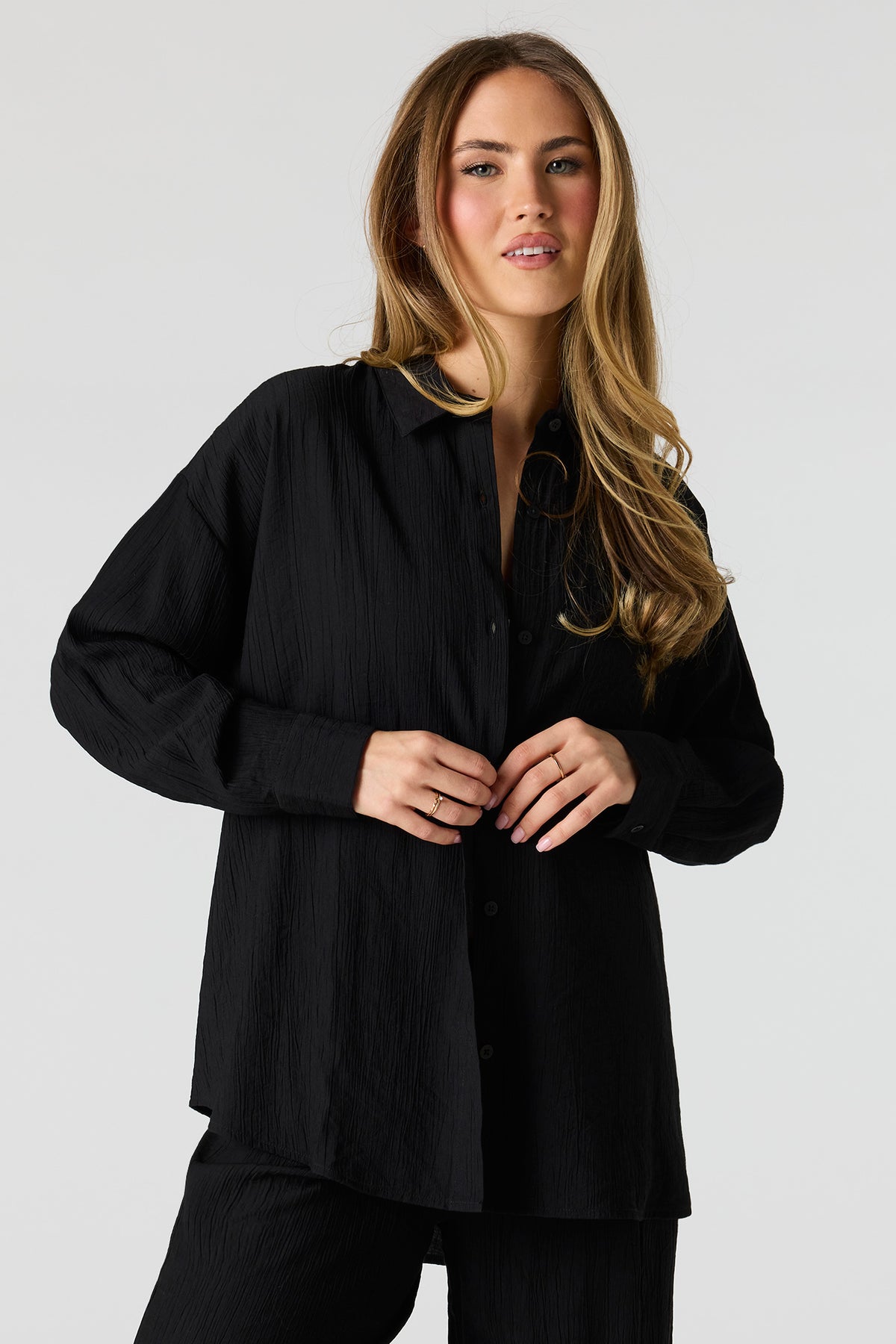 Textured Button-Up Oversized Top - Black