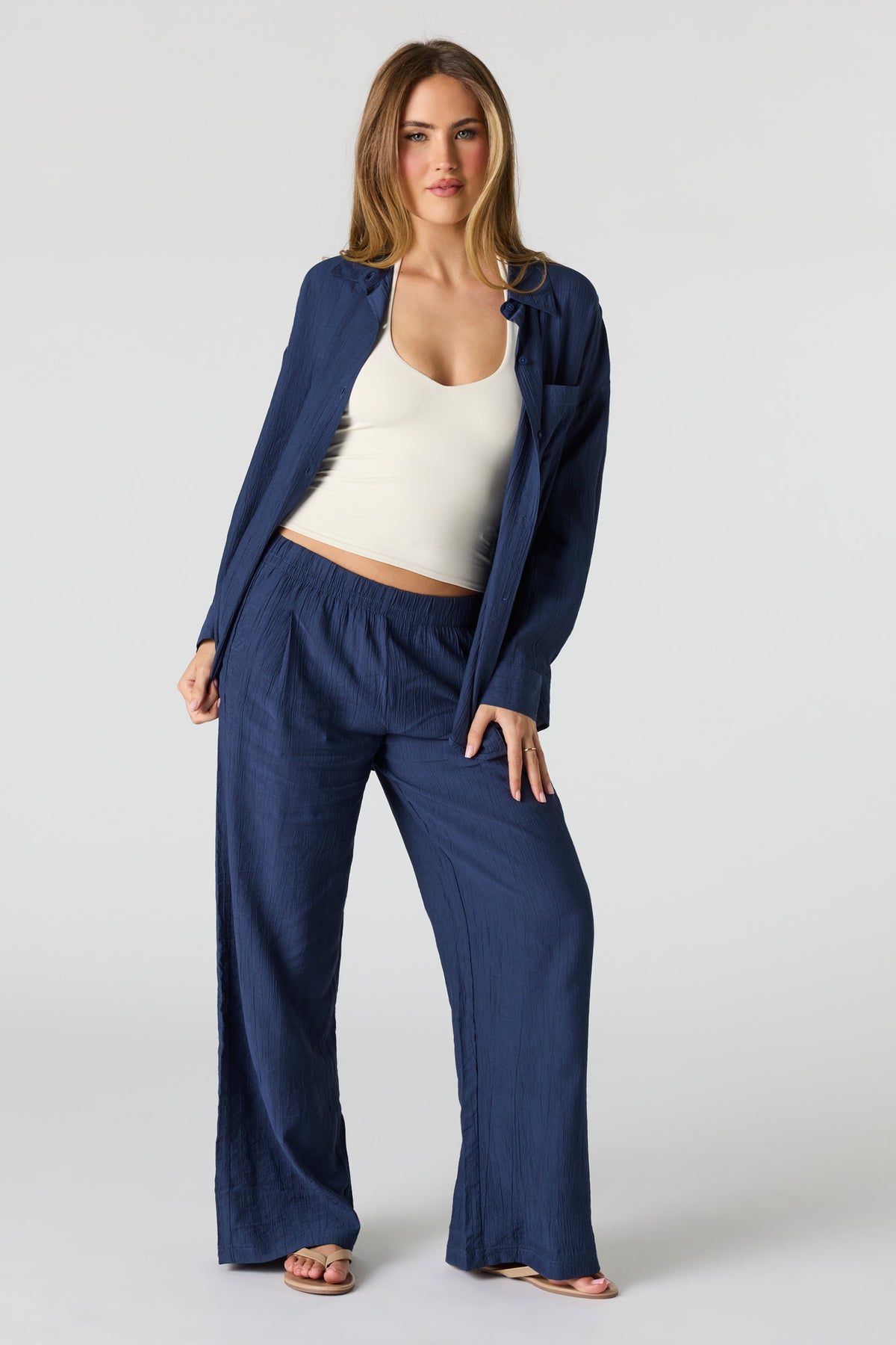 Alt View 3. Textured Button-Up Oversized Top - Navy