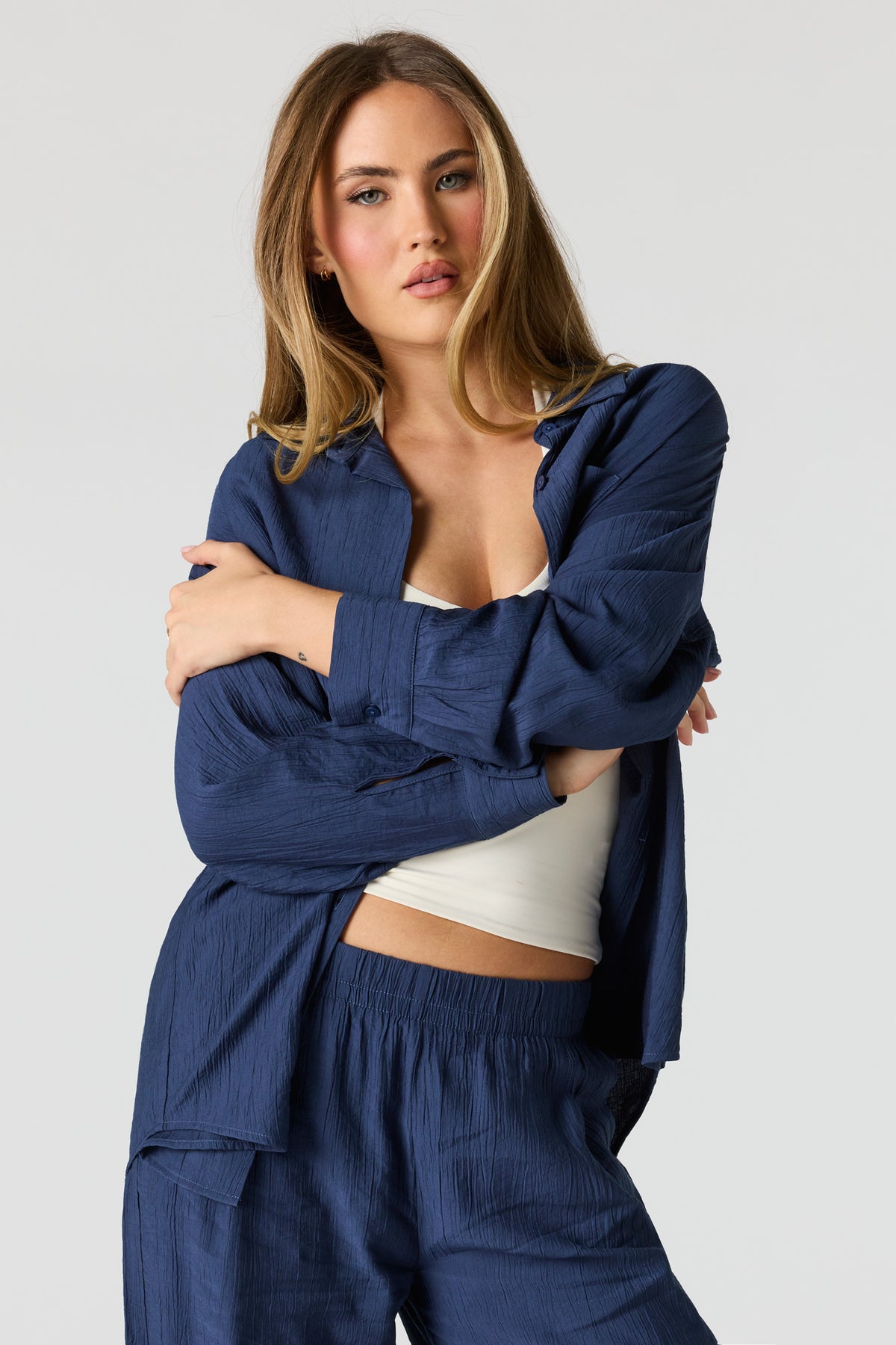 Textured Button-Up Oversized Top - Navy