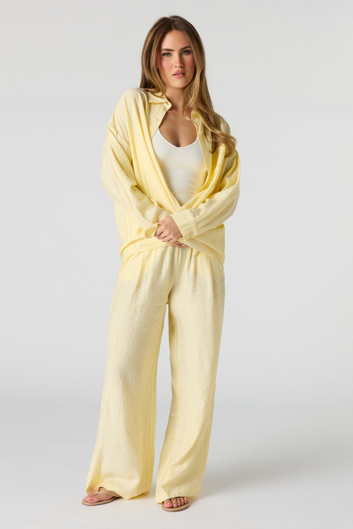 Alt View 3. Textured Button-Up Oversized Top - Pale Yellow