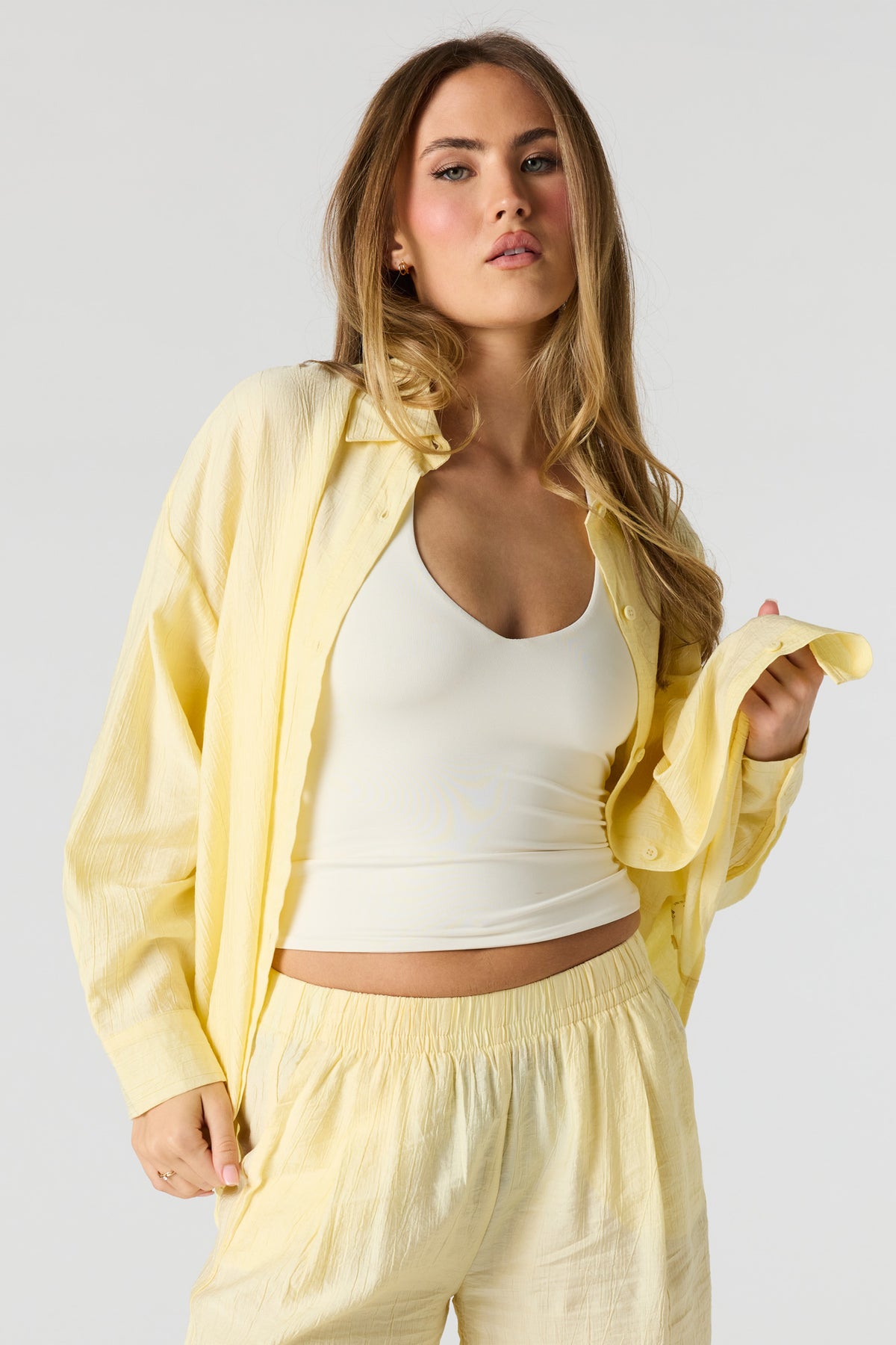 Textured Button-Up Oversized Top - Pale Yellow