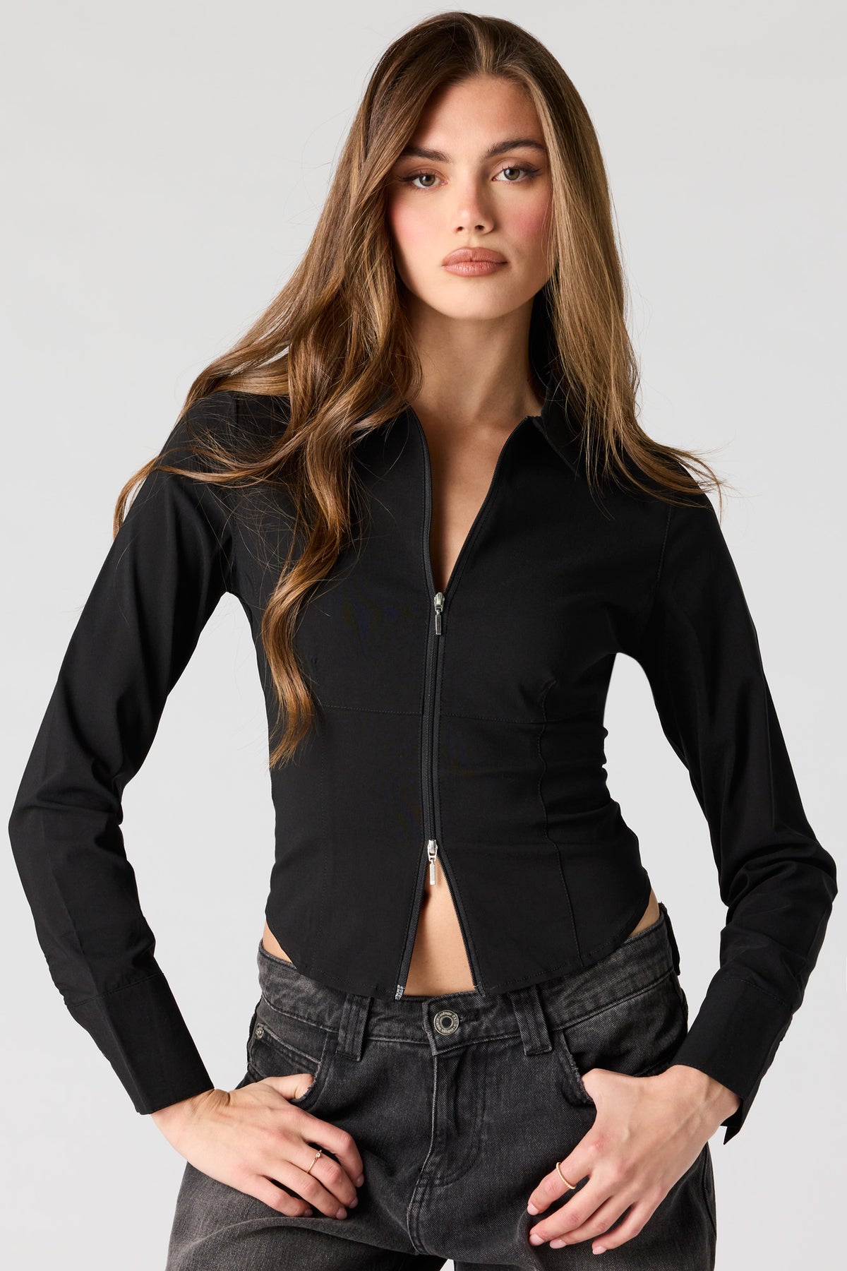 2-Way Zip Collared Fitted Top - Black