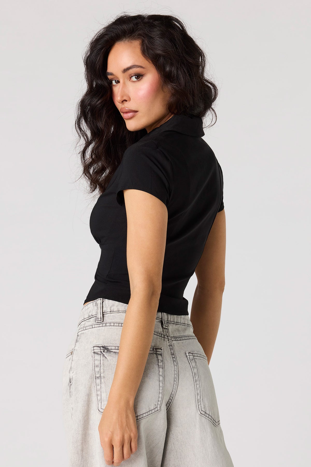 Alt View 2. 2-Way Zip-Up Collared Corset Top - Black