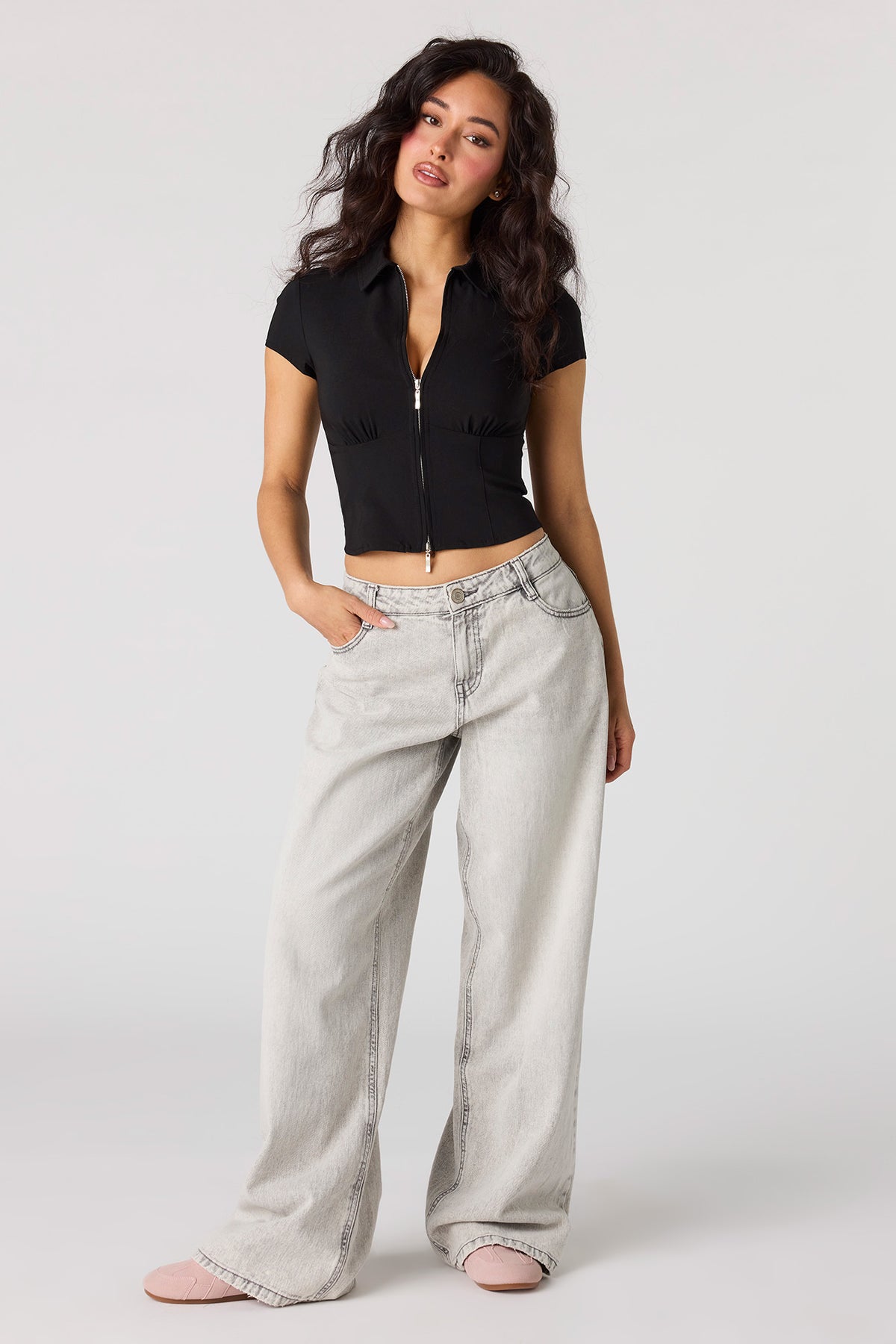 Alt View 3. 2-Way Zip-Up Collared Corset Top - Black